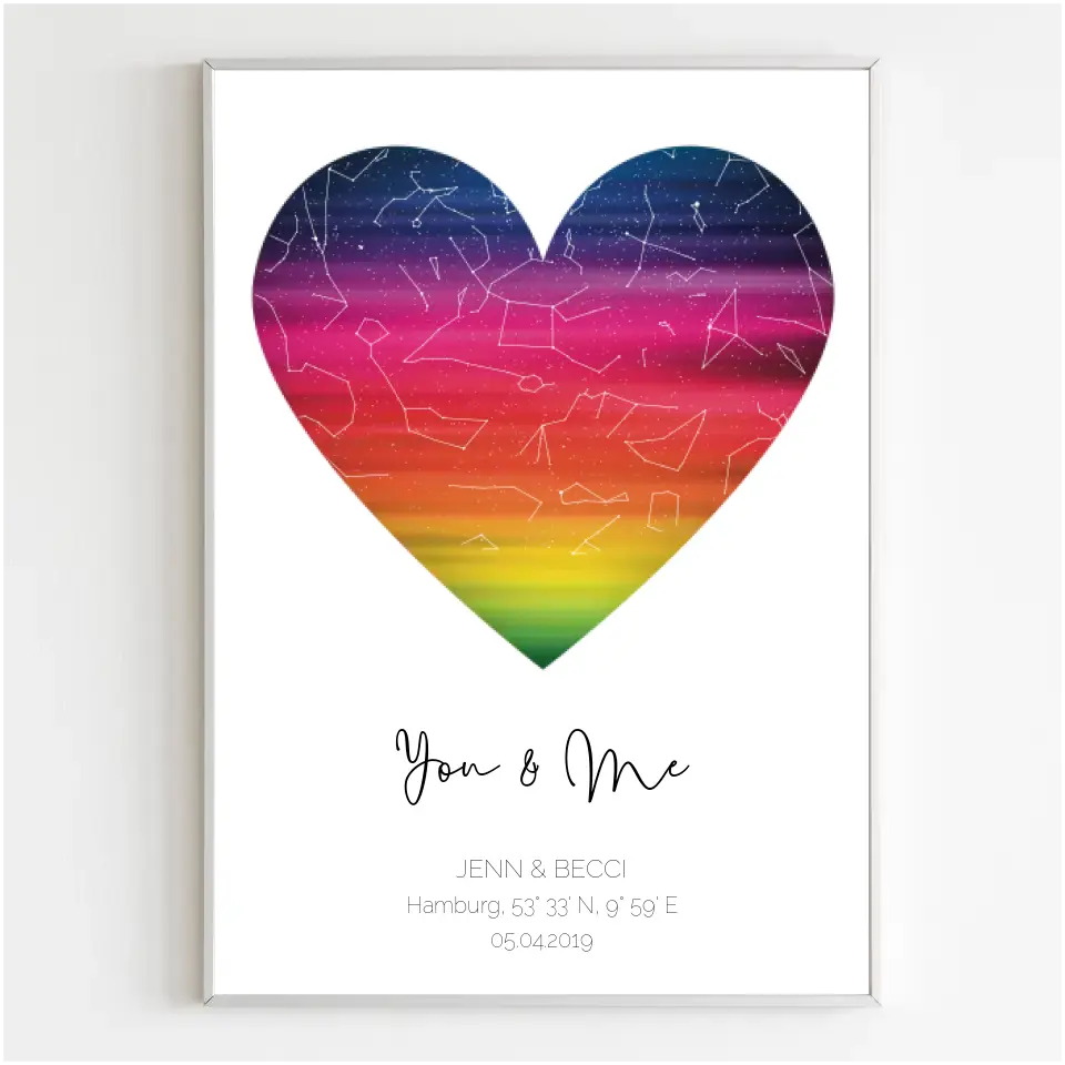 Personalisiertes Poster  Sternenkarte Herzform in Regenbogenfarben
