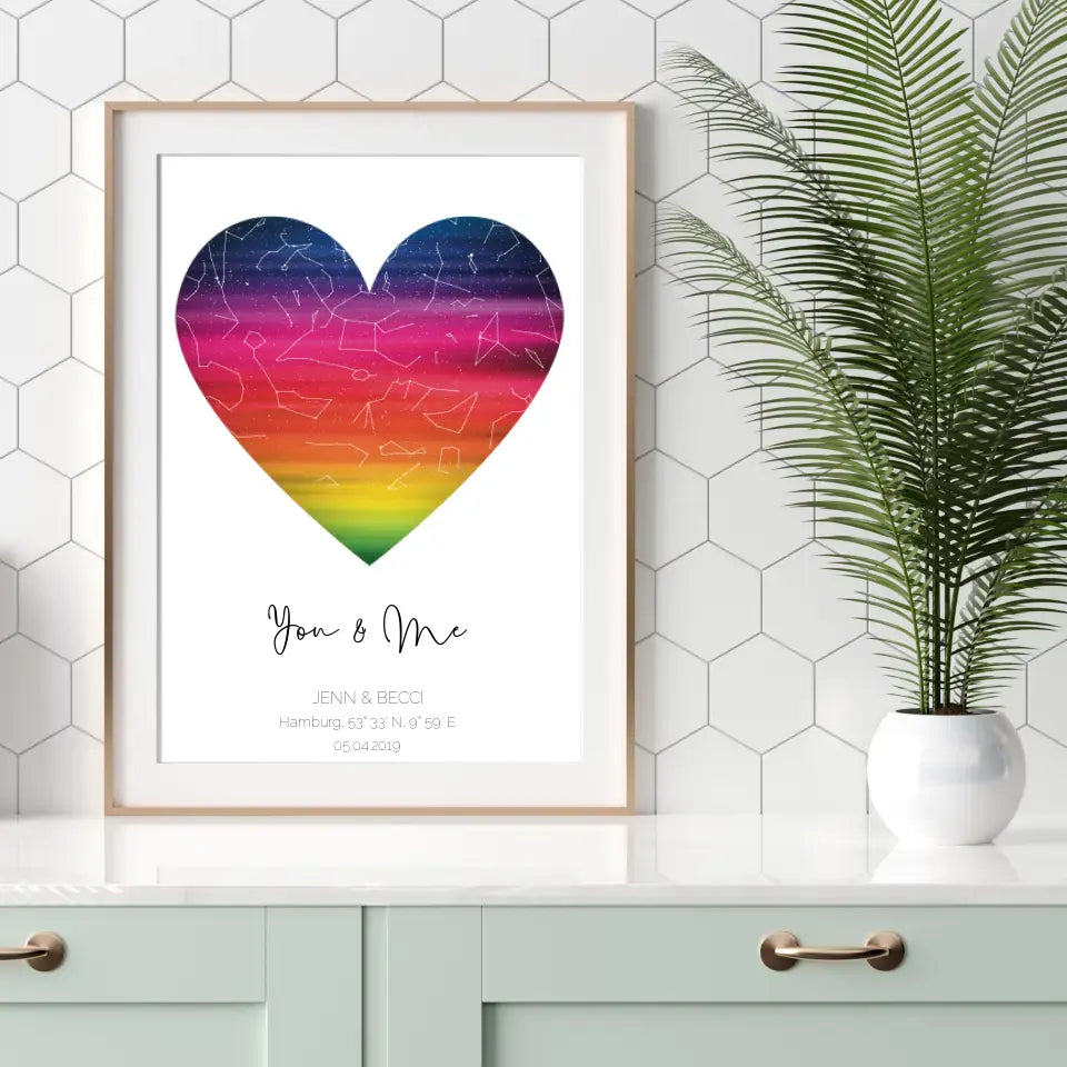 Personalisiertes Poster  Sternenkarte Herzform in Regenbogenfarben