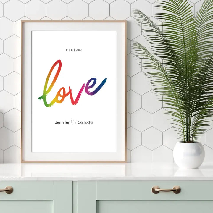 Personalisiertes Poster mit der Aufschrift love in Regenbogenfarben 