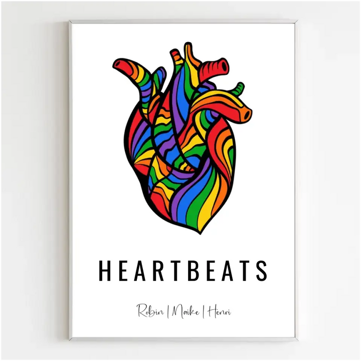 Personalisiertes Poster anatomisches Herz in Regenbogenfarben