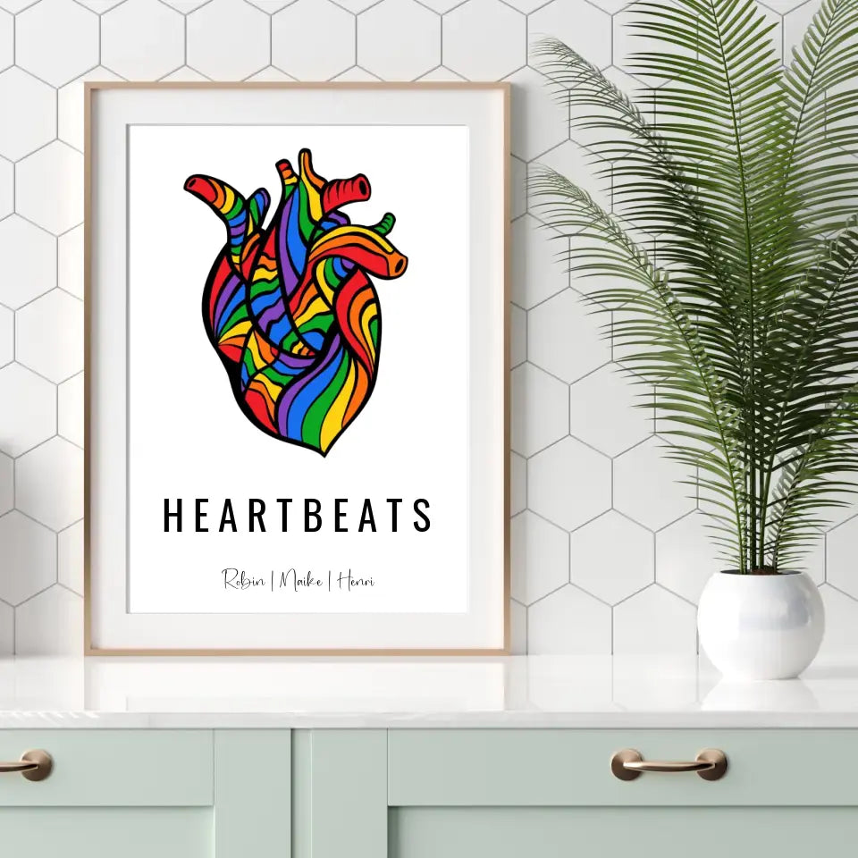 Personalisiertes Poster anatomisches Herz in Regenbogenfarben