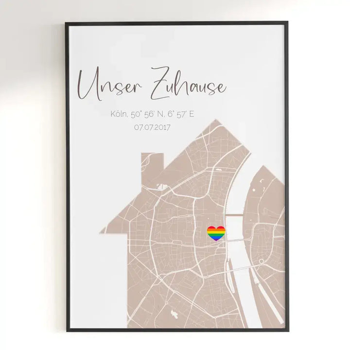 Personalisiertes Poster Straßenkarte in Hausform mit Regenbogenherz als Standort Markierung