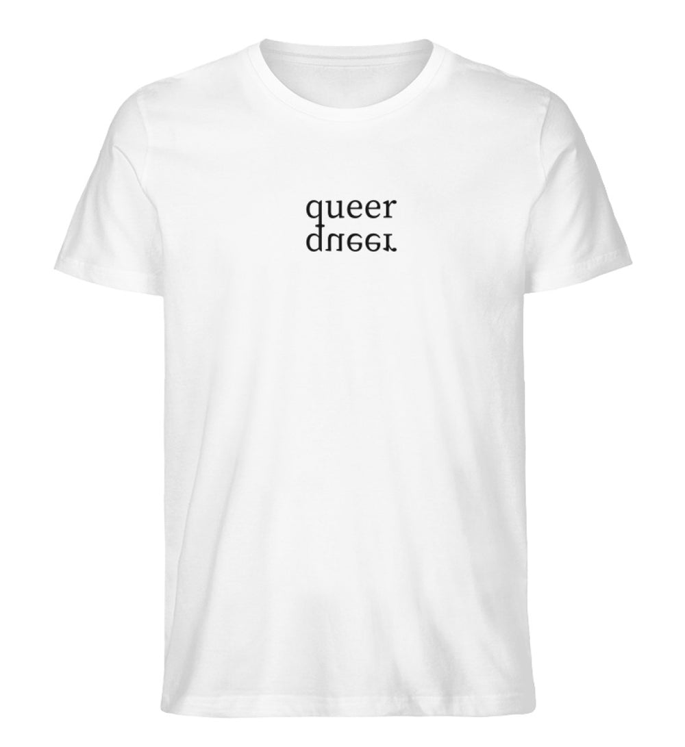 Weißes Shirt mit der Spiegelaufschrift queer