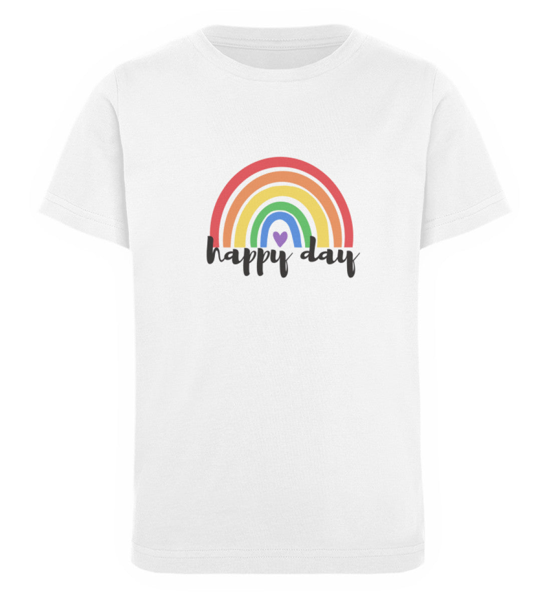 Weißes Kindershirt mit einem Regenbogen und der Aufschrift happy day