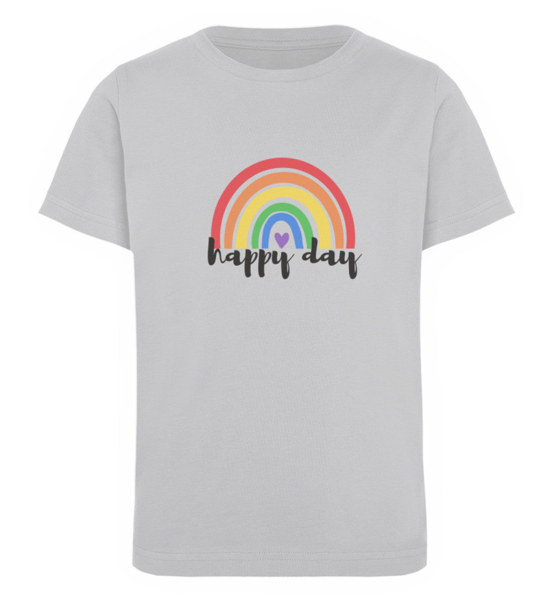 Graues Kindershirt mit einem Regenbogen und der Aufschrift happy day