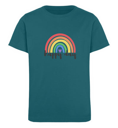 Petrolfarbenes Kindershirt mit einem Regenbogen und der Aufschrift happy day