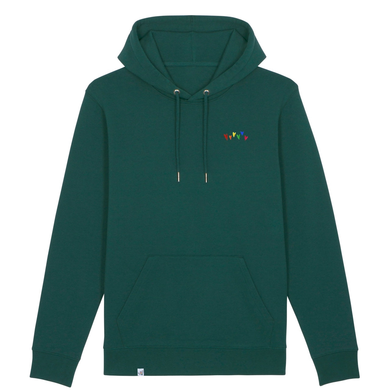 Dunkelgrüner Hoodie mit bunten gestickten Herzen