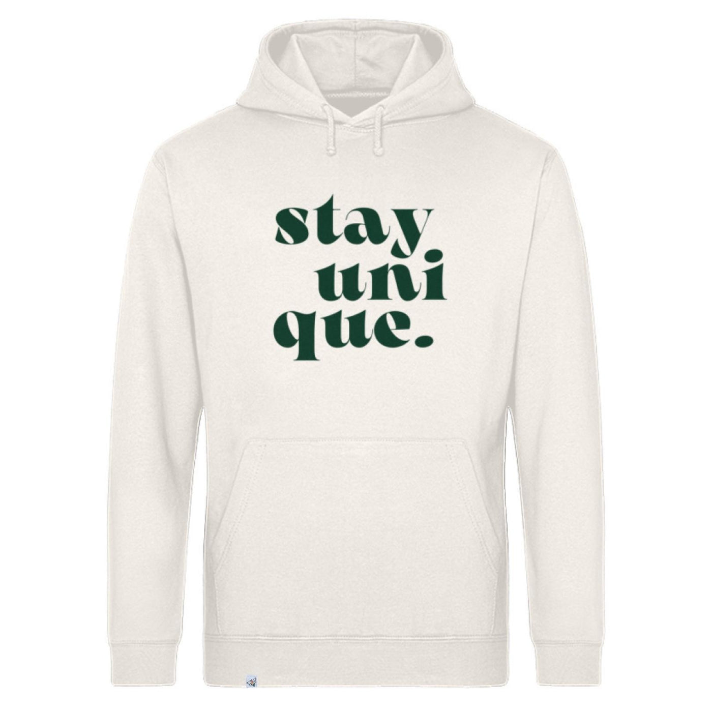 Cremefarbener Hoodie mit dem großen Aufdruck stay unique in grün