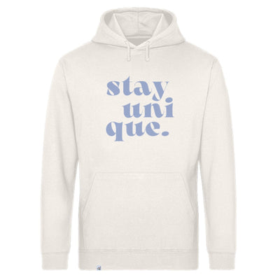 Cremefarbener Hoodie mit dem großen Aufdruck stay unique in hellblau