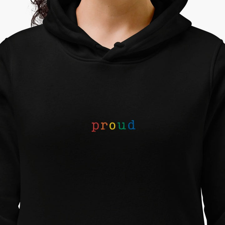 schwarzer Hoodie mit dem Stick proud in Regenbogenfarben