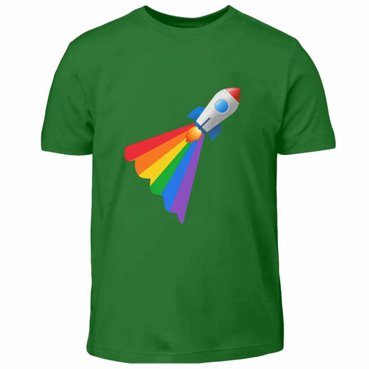 Grünes Kindershirt mit einer Rakete mit Regenbogenschweif