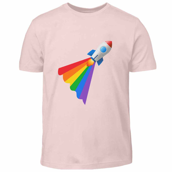 Rosafarbenes Kindershirt mit einer Rakete mit Regenbogenschweif