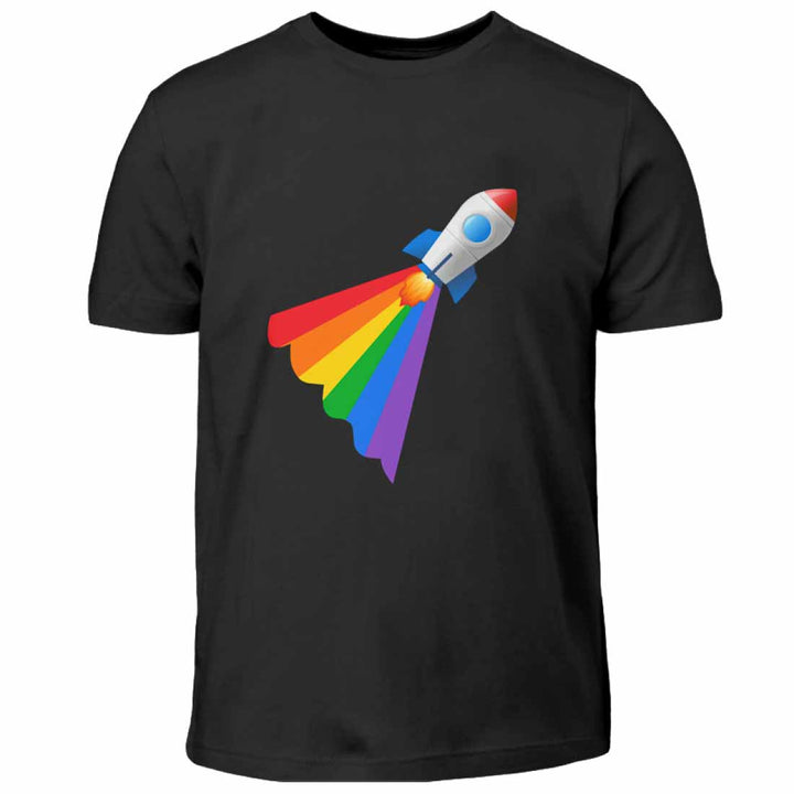 Schwarzes Kindershirt mit einer Rakete mit Regenbogenschweif