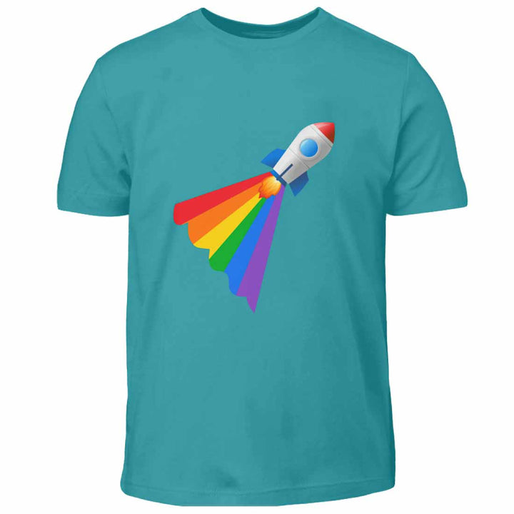 Petrolfarbenes Kindershirt mit einer Rakete mit Regenbogenschweif