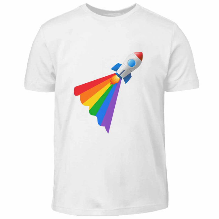 Weißes Kindershirt mit einer Rakete mit Regenbogenschweif