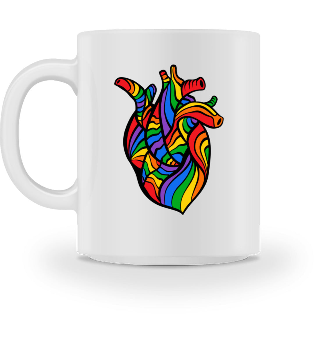 Weiße Tasse mit einem menschlichen Herz in Regenbogenfarben