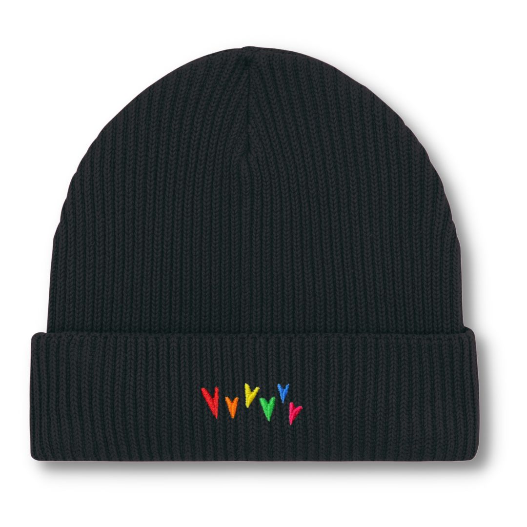Organic Beanie schwarz mit Regenbogenherzen Stick