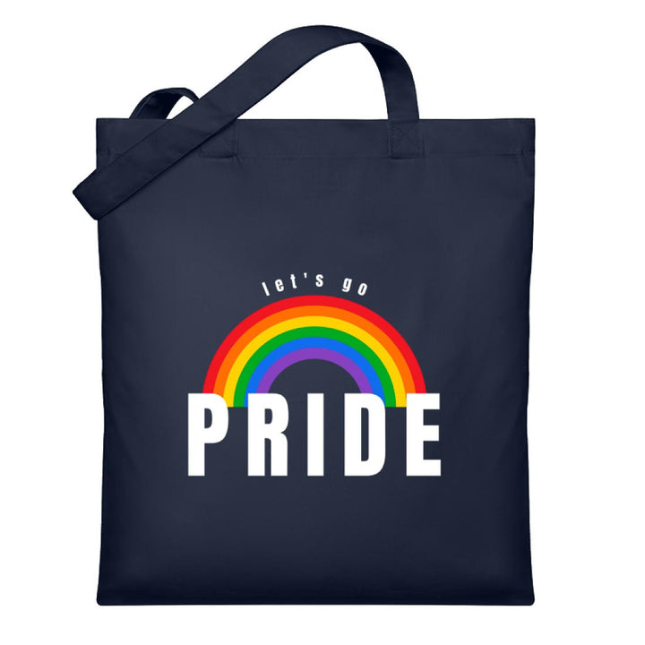 Dunkelblauer Jutebeutel mit einem Regenbogen und der Aufschrift let's go Pride