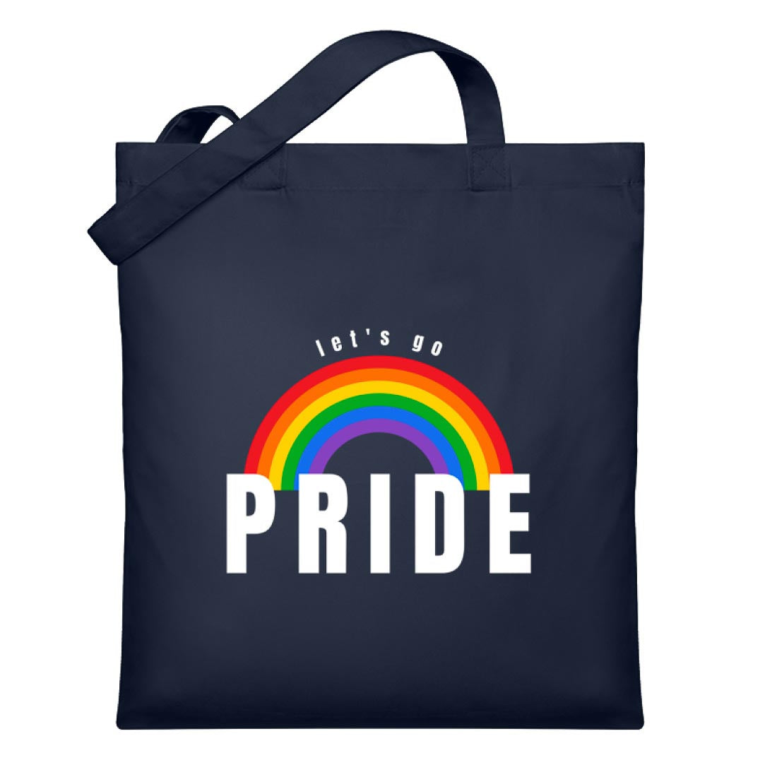 Dunkelblauer Jutebeutel mit einem Regenbogen und der Aufschrift let's go Pride
