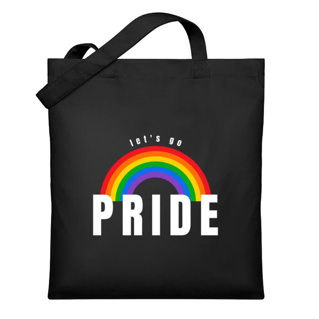 Schwarzer Jutebeutel mit einem Regenbogen und der Aufschrift let's go Pride
