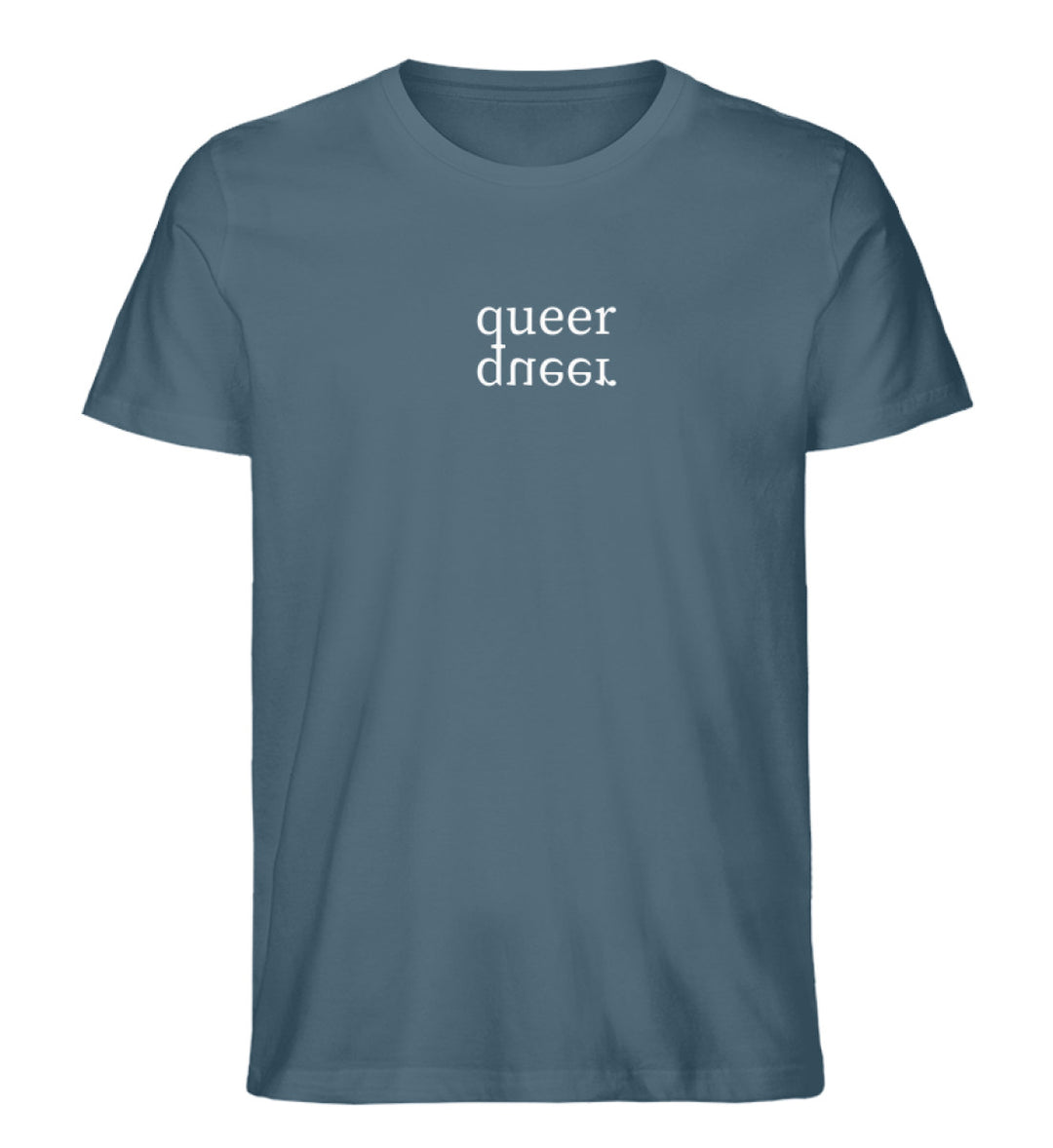Blaugraues Shirt mit der Spiegelaufschrift queer