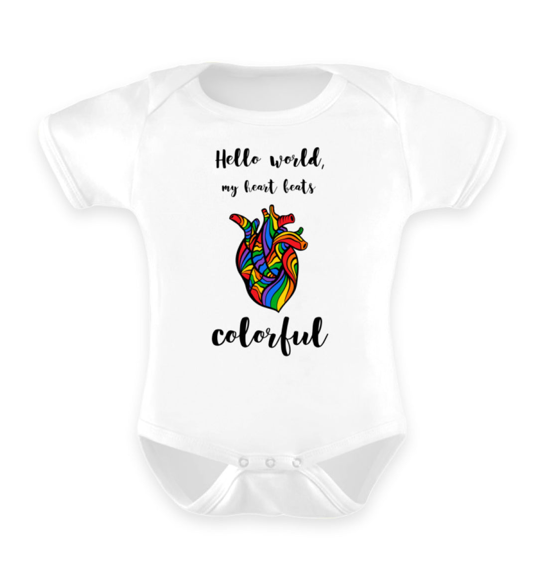 Weißer Babybody mit einem anatomischen Herz in Regenbogenfarben und der Aufschrift Hello world my heart beats colorful