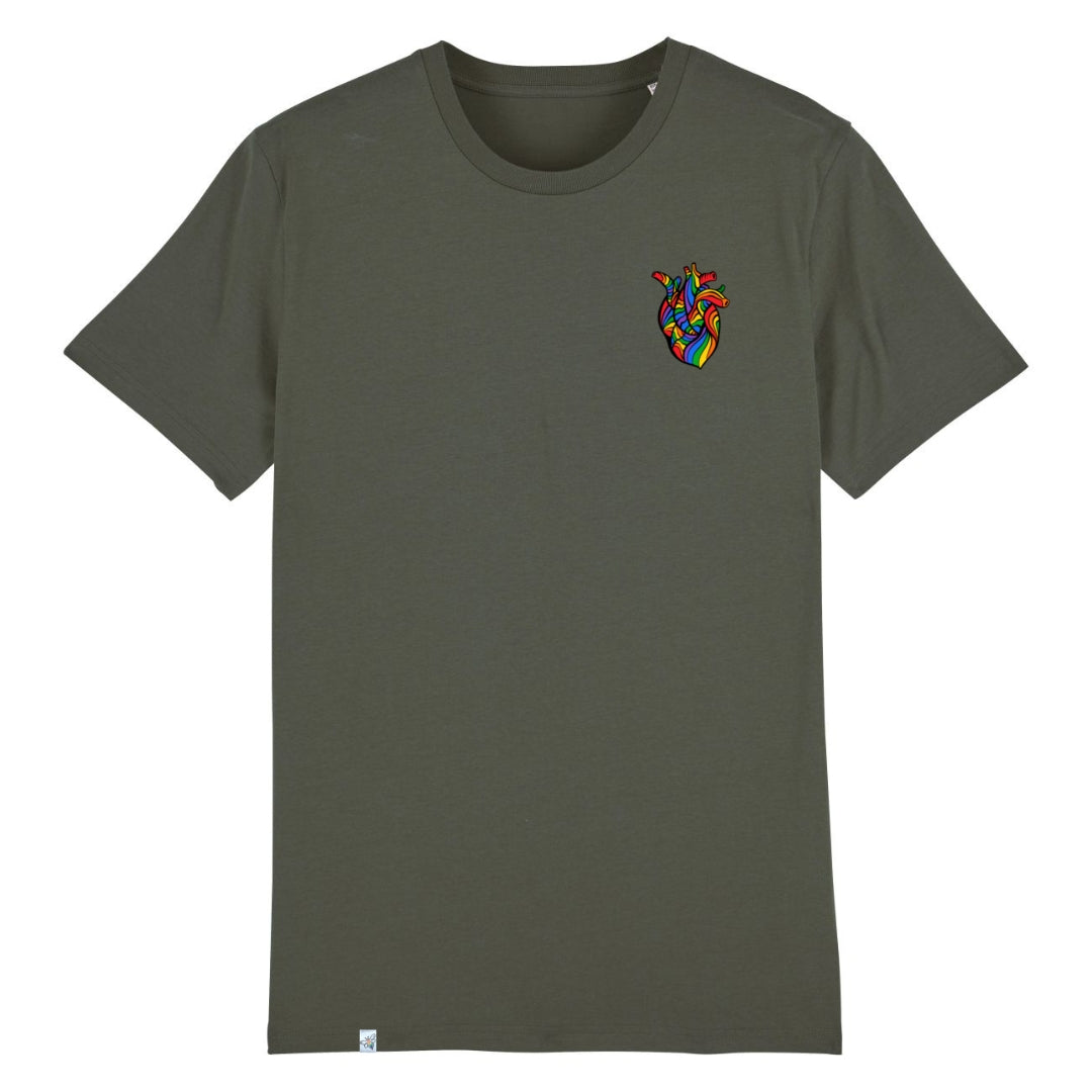 khakifarbenes Shirt mit anatomischen Herz in Regenbogenfarben