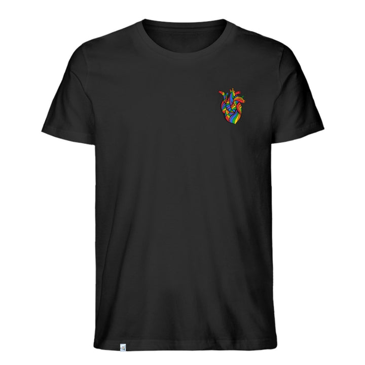 Schwarzes Shirt mit anatomischen Herz in Regenbogenfarben