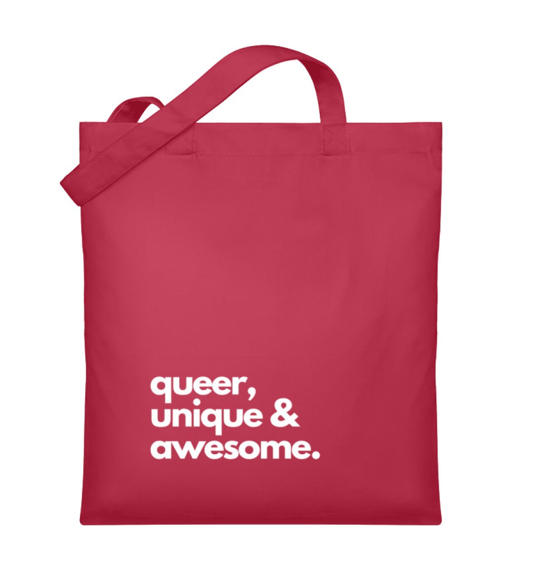 Roter Jutebeutel mit dem Aufdruck queer unique and awesome