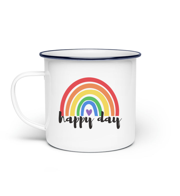 Emaille Tasse mit einem Regenbogen und der Aufschrift happy day